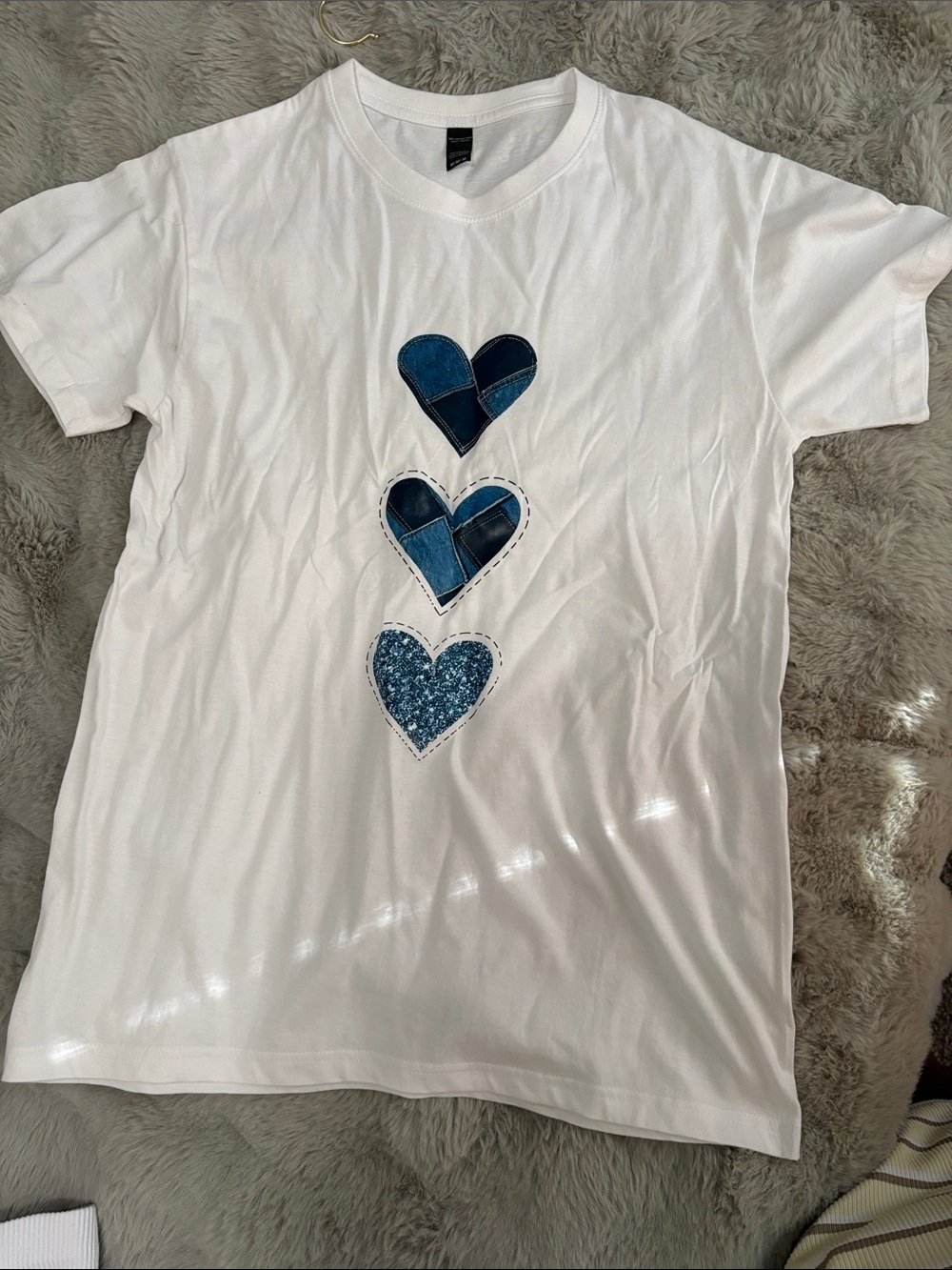Girls' White Tee with Blue Heart Appliqués